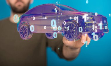 A man presenting a 3D rendering of a holographic smart car on a blue background