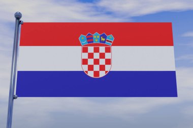 Mavi gökyüzünde kancalı krom bir bayrak direğiyle Hırvatistan bayrağının üç boyutlu bir çizimi