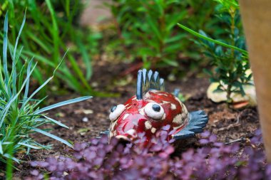A closeup shot of a fish toy left in a garden