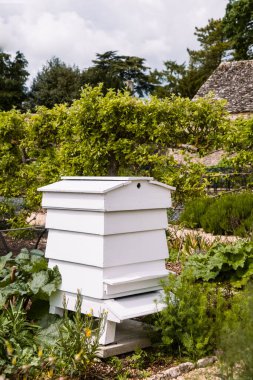 A vertical shot of a white bee hive in the garden at the Cogges Manor Farm museum, Witney, Oxfordshire