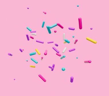 3d illustration of colorful  sprinkles on pink isolated background.