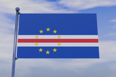 Cabo Verde bayrağının mavi gökyüzünde kancalı krom bir bayrak direğiyle üç boyutlu bir çizimi.