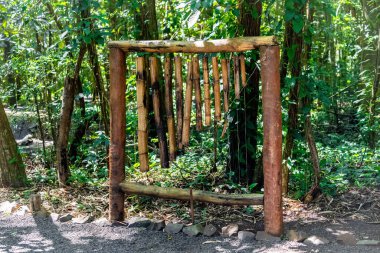 Güpegündüz parkta bambu bir yapı.