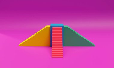 Pembe arka planda bir piramit şekilli merdiven podyumunun 3 boyutlu bir çizimi