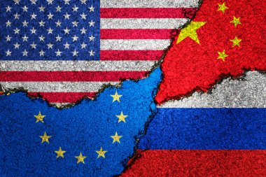 The digital illustration with flags of China, Russia, United States, and European Union.