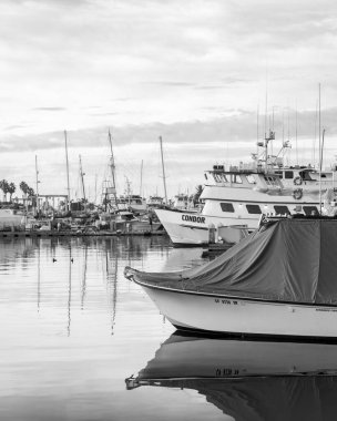 A grayscale shot of an array of boats and fishing boats reflecting on the water at the San Diego harbor in the United State