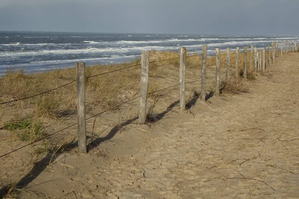 Zandduinpad Met Draadhek Aan Het Noordzeestrand Met Glooiende Golven Een — Stockfoto