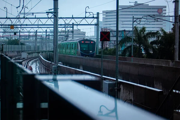 Beau Plan Train Traversant Métro Par Une Journée Nuageuse — Photo