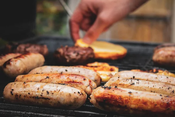 Closeup Barbeque Sausages Cooking Grill — Stok fotoğraf