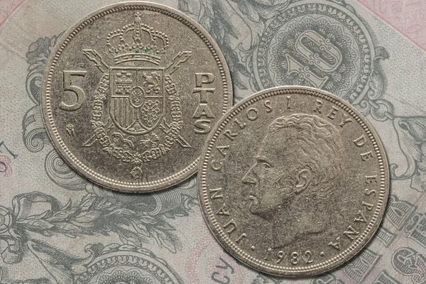 Spanish peseta coin obverse and revese. Currency of Spain between 1868 and 2002.