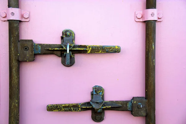 Used Close Containers Container Painted Pink Metal Fittings Locking System — Stok fotoğraf