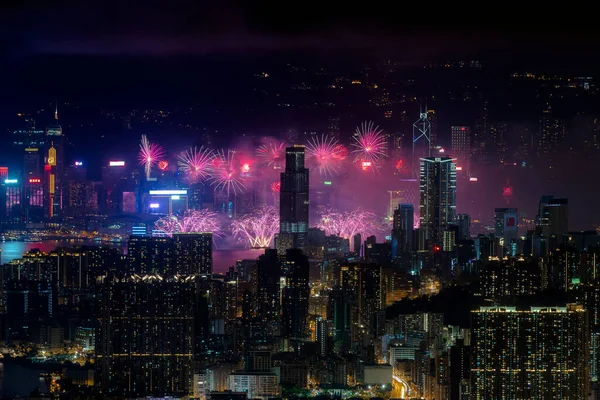 Mesmerizing View Fireworks Victoria Harbour Hong Kong Modern Skyscrapers Night — Zdjęcie stockowe