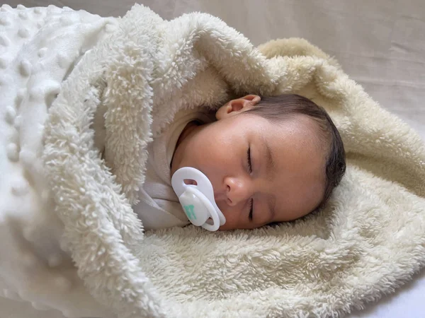 Sweet Peaceful Baby Lying White Bedsheet Enjoy Daytime Nap Indoors — Stock Photo, Image