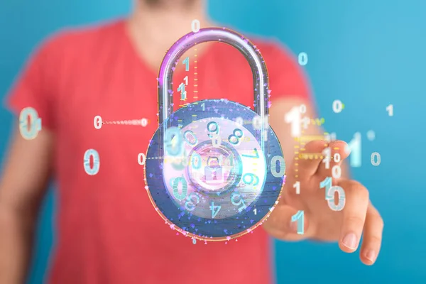 Person Hand Tapping Screen Illustrative Floating Keylock Concept Network Security — Foto de Stock