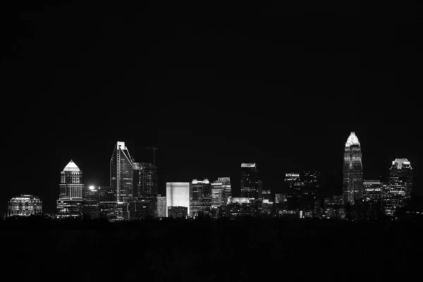 Grayscale Shot Night City Lights Charlotte North Carolina — Photo