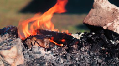A closeup of a bonfire with wood burning in it and flames coming out on a blurry background