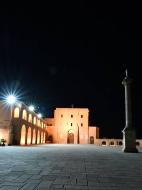 Night view of the square of the sanctuary of Santa Maria di Leuca, a town in southern Italy in the province of Lecce.