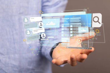 A businessman hand on blurred background using 3D rendering media develop interface web application