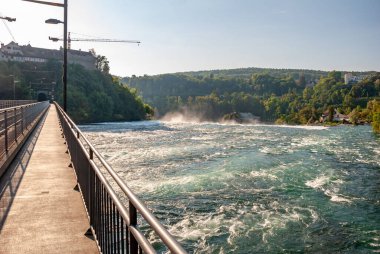 İsviçre, Schaffhausen 'deki Rheinfall demiryolu köprüsünün doğal bir manzarası.