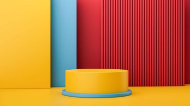 An abstract 3D rendering of room with realistic blue, yellow and red cylinder pedestal podium