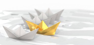Beyaz arka planda yarışan beyazlar arasında üç boyutlu bir altın kağıt gemi.