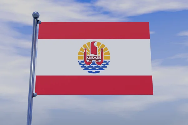 法属波利尼西亚国旗的三维图片说明 带有彩色旗杆 蓝天上有钩子 — 图库照片