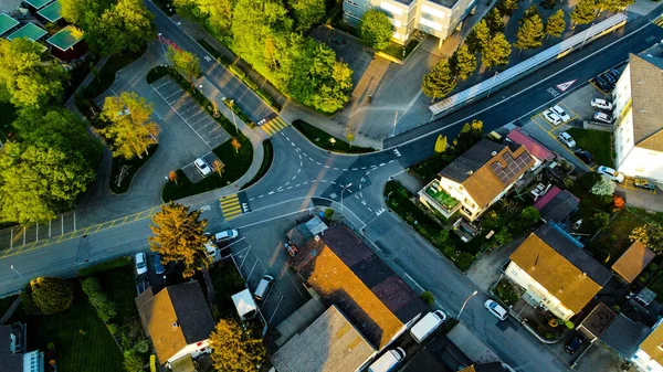 Aerial View Roundabout Road Circular Cars Small Town Autumn — Stock fotografie