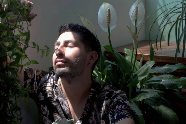 Close Young Mexican Man Short Hair Surrounded Plants — Stock Photo, Image