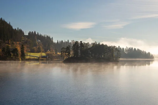 Matin Froid Brumeux Bord Lac Jonsvatnet Norvège Lever Soleil Saison — Photo