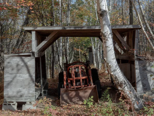 Vecchio Trattore Rurale Sotto Capanno Una Foresta Autunnale — Foto Stock