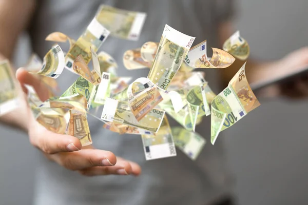 Businessman Holding Floating Render Different Euro Bills — Stock Photo, Image