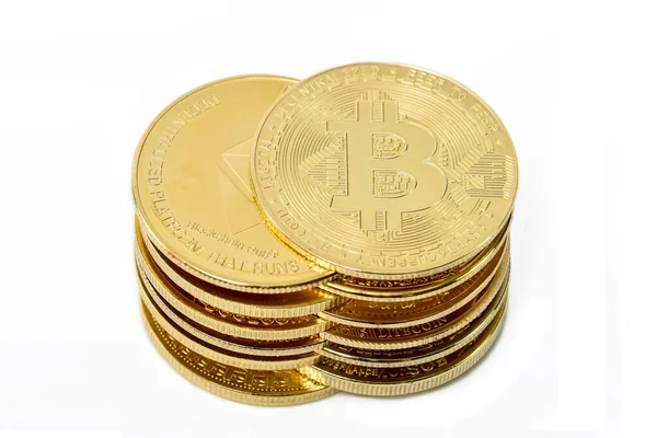 Closeup Shot Stash Cryptocurrency Coins Isolated White Background — Stock Photo, Image