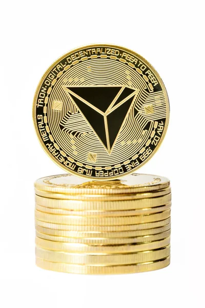 Vertical Shot Cryptocurrency Coin Top Stash Coins Isolated White Background — Stock Photo, Image