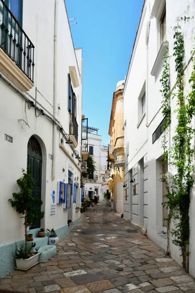 Wąska Uliczka Pomiędzy Starymi Domami Gallipoli Starą Wioską Prowincji Lecce — Zdjęcie stockowe