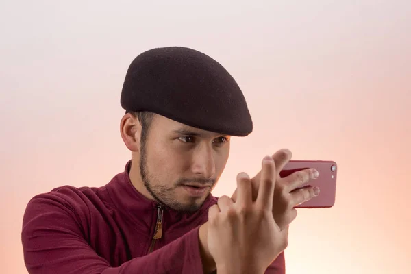 Latin Young Male Hat Taking Picture His Phone — Foto de Stock