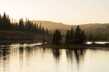 Grakallen Dağı yakınlarındaki Bymarka ormanında gün batımı ve güzel ışık. Bulanık renkli hava.