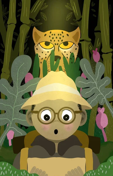 Vertical Drawing Cute Boy Explorer Leopard Jungle — Stock Photo, Image