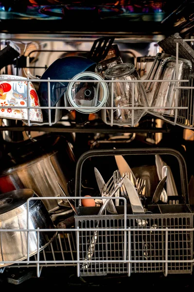 Vertical Shot Dishwasher Full Various Freshly Washed Clean Dishes — Foto Stock