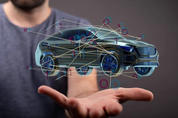 Holograma Renderizado Carro Com Números Binários Pairando Sobre Uma Mão — Fotografia de Stock