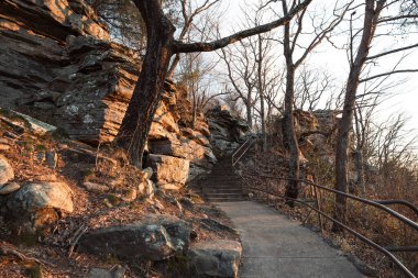 Kayalıklar ve çıplak ağaçlar boyunca merdiveni yakından çek.