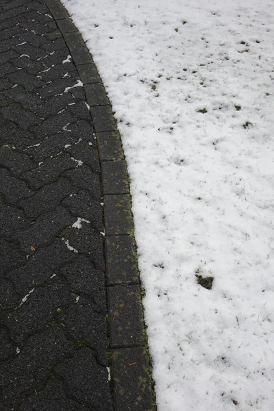 Gray Cobblestone Path Snowy Meadow Concept Winter Snow Cold Wetness — Stock Photo, Image