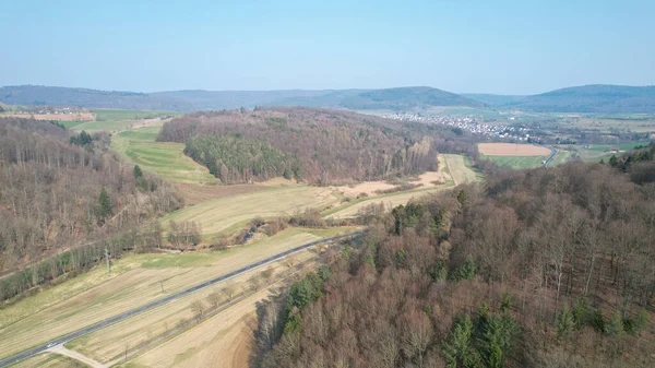 Bird Eye View Traffic Hills Covered Forests Sunny Day Bavaria — Fotografia de Stock