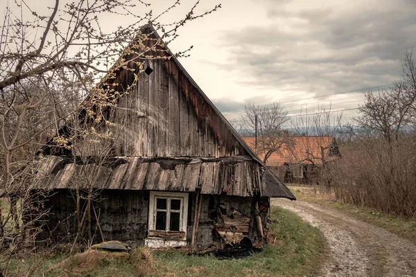 Krásný Záběr Opuštěného Dřevěného Domu Uprostřed Lesa — Stock fotografie