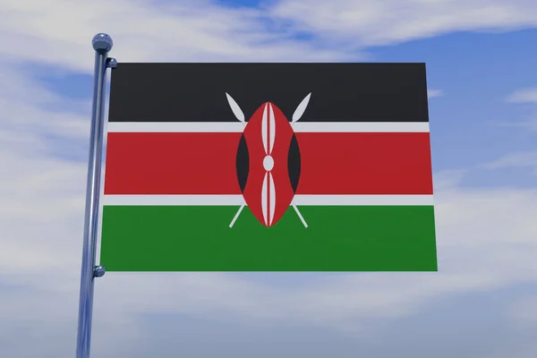 青い空にスナップフック付きクロームの旗竿を持つケニアの旗の3Dイラスト — ストック写真