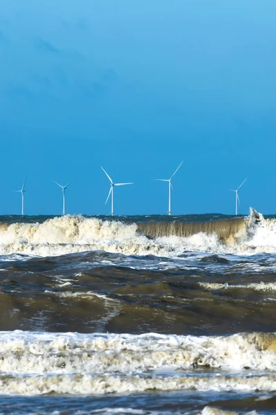 Offshore Windmill Park Stormy North Sea Spindrift Waves — Stock Photo, Image