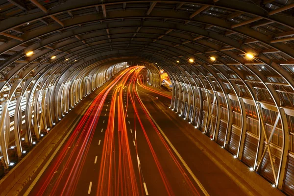 Light Trails Cars Illuminated Tunnel — Stock Photo, Image