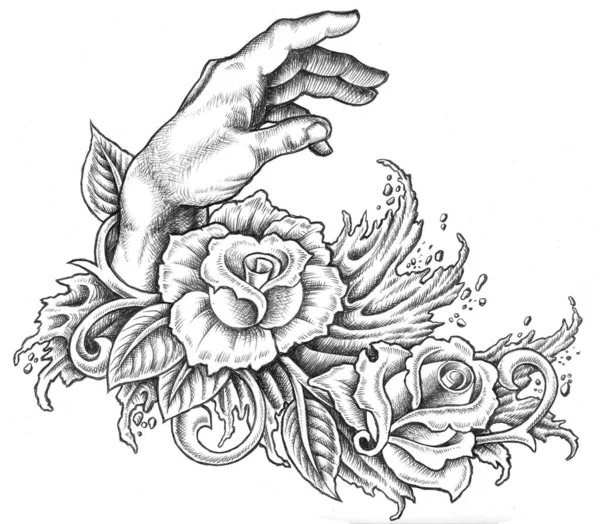 Digital Black White Tattoo Illustration Hand Roses Leaves — Stock Photo, Image