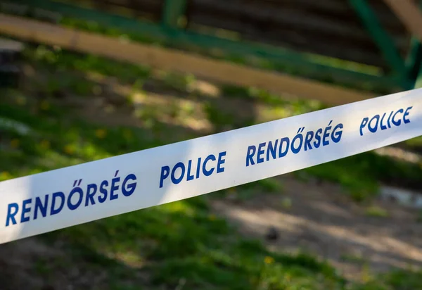 Close Tape Inscription Police English Hungarian Language Crime Scene — Stock Photo, Image