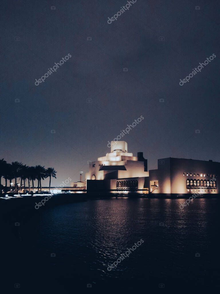 The Museum of Islamic Art (MIA) at night, in Doha, Qatar