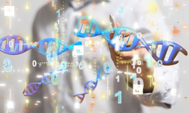 Beyaz zemin üzerinde numaralar olan resimli bir DNA simgesini tutan bir elin yakın çekimi